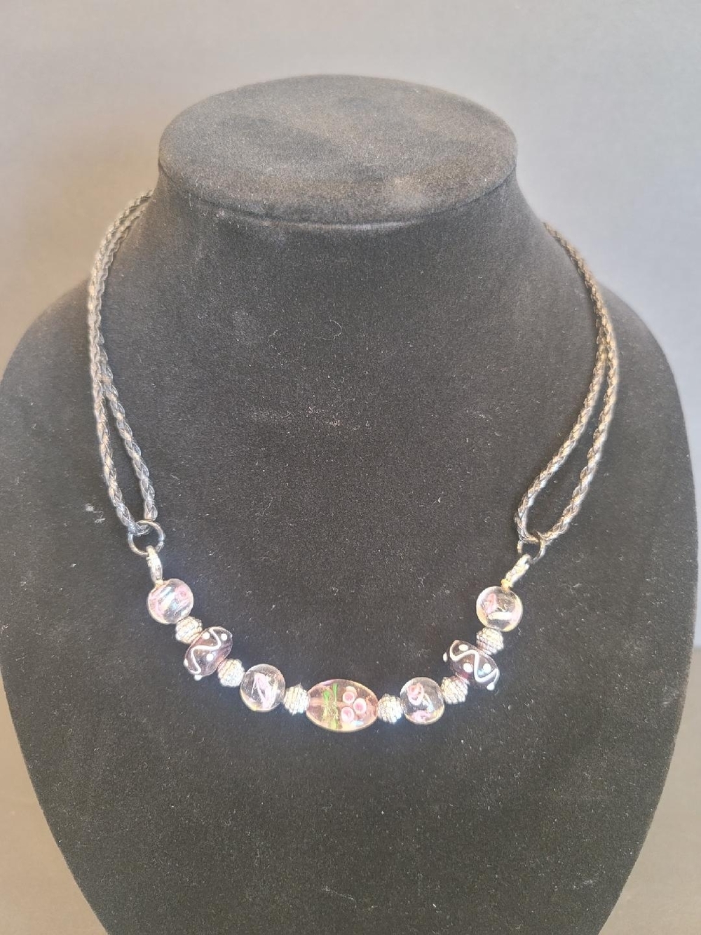 Handcrafted Black Rope Necklace with Multicolor Glass Beads